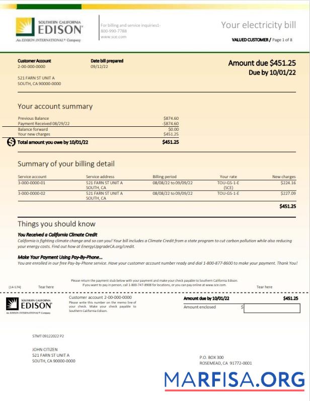 Realistic USA Southern California Edison utility bill template in Word and PDF format